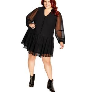 City Chic Black Melanie Mini Long Sleeve Drop Waist Dress Size 16 NWT